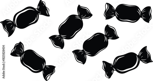 Black and white illustration of six wrapped candies