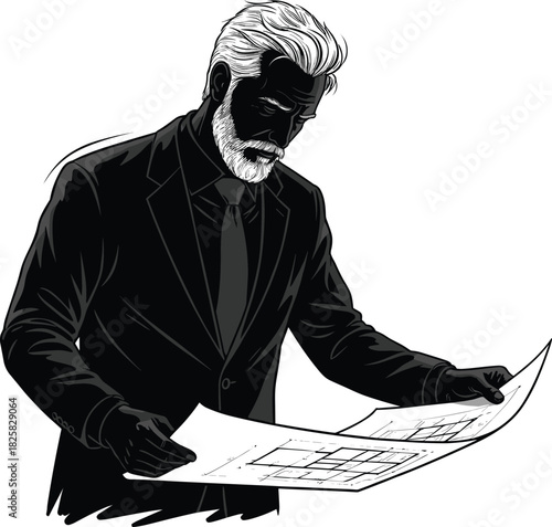 Professional architect reviewing detailed construction blueprints in monochrome illustration, showcasing planning precision, technical expertise, modern design workflow