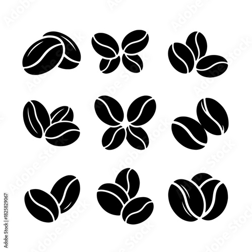 Coffee Bean Silhouettes Set - Vector Illustration of Various Arrangements for Design Projects
