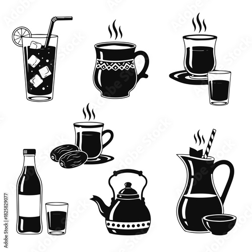 A vector icon set of hot coffee and tea drink cups, mugs, and pots for cafe and kitchen design