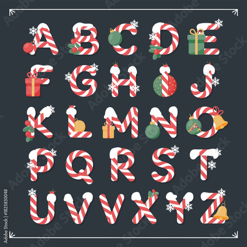 Festive Christmas Alphabet Made From Candy-Inspired Letters, Bright Red And White Holiday Typography Elements Designed In Sweet Decorative Style, Playful Seasonal Vector Illustration For Winter Themes