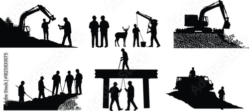 Silhouette construction workers and engineers surveying land with heavy excavators and equipment, teamwork preparing ground for road and bridge infrastructure project