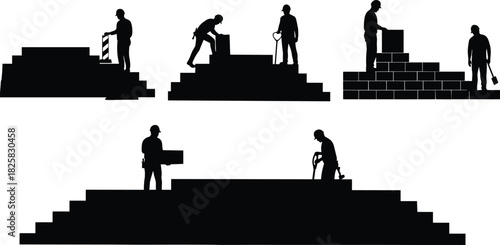Silhouette construction workers building brick walls, teamwork at construction site using tools and equipment, masonry laborers working hard on building structure