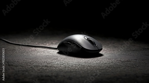 A black computer mouse with a scroll wheel and speaker sits on a dark gray surface.