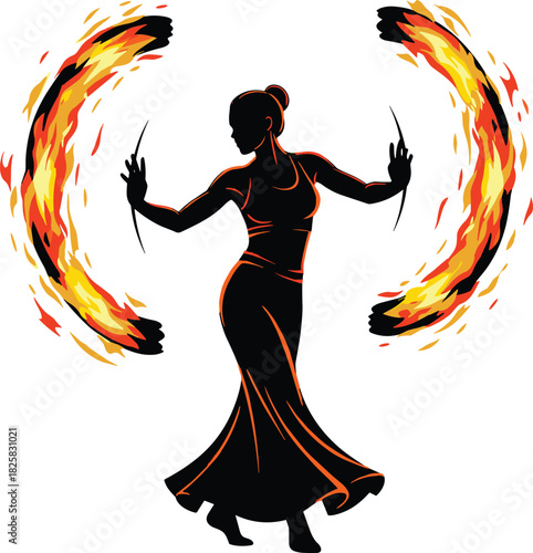 Silhouette fire dancer performing with flaming trails, artistic performance movement, dramatic fiery motion illustration perfect for fantasy, festival, or creative design themes