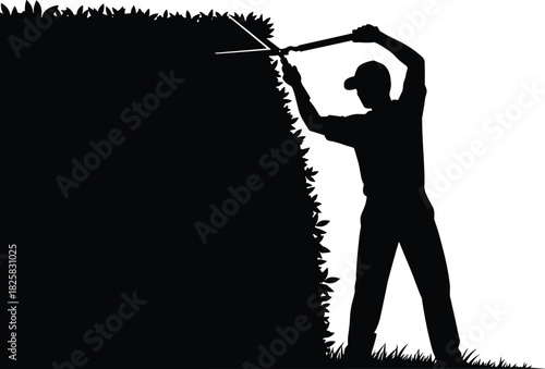 Silhouette gardener trimming hedge with shears, landscaping work, outdoor maintenance, professional gardener cutting bushes, yard care scene in summer garden