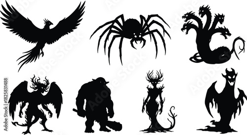 Silhouette illustration of fantasy monsters including phoenix, spider, hydra, troll, and demonic creatures, showcasing mythical beasts, dark fantasy themes, and powerful legendary designs