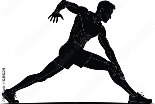 Silhouette of a fit man stretching his legs in a lunge pose, fitness workout exercise posture for sport, health training and flexibility