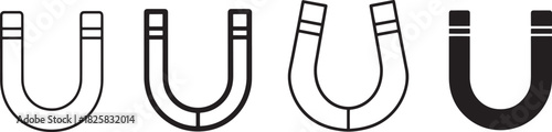 Set of four horseshoe magnet icons in various styles, including outline, bold outline, and solid black fill, symbolizing attraction and force. Vector