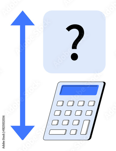Calculator beneath upward-downward arrow and question mark square represents height, measurement, and calculation. Ideal for mathematics, education, tools, problem-solving, analytics, logic simple