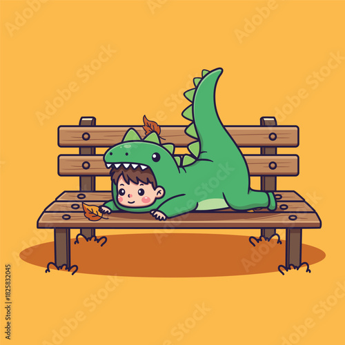 Cute Vector Illustration of a Smiling Child in Green Dinosaur Costume Reaching for Autumn Leaf on Orange Background