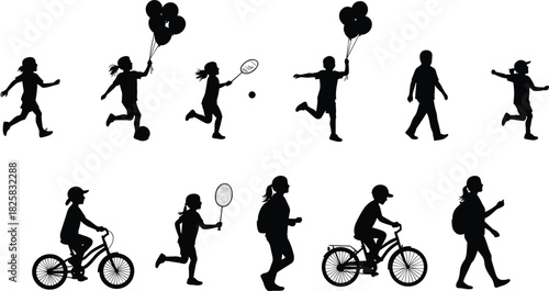 Silhouette of children playing, running, cycling, and holding balloons, active kids outdoor activities illustration, childhood fun and recreation concept design