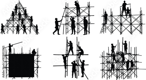 Silhouette of construction workers assembling scaffolding structure at building site, teamwork and labor safety concept in industrial construction work