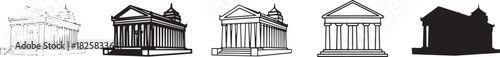 Variations of classical temple icons in diverse line art and silhouette styles, illustrating thin-line, bold-outline, rounded, and geometric designs. Vector