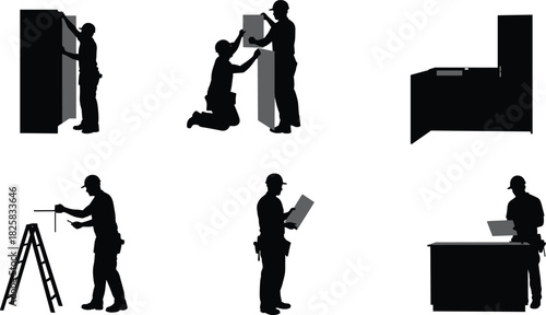 Silhouette of construction workers installing drywall panels and measuring walls, teamwork and precision in home renovation and interior building process