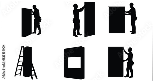 Silhouette of construction workers installing wall panels, professional builders working on interior partition setup and architectural renovation concept illustration