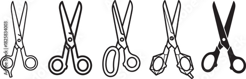 Collection of diverse hand shears, open and closed, in outline and solid black icon styles, representing cutting tools, craft, and precision Vector