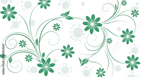Green floral pattern with elegant swirling vines and simple flowers against a background of subtle polka dots for freshness.
