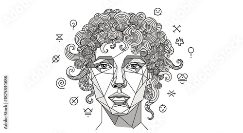 Monochrome abstract portrait of a woman with a geometric face and detailed swirly hair surrounded by various small icons.