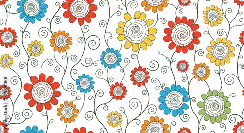 Seamless pattern of colorful cartoon flowers with spiral centers and swirling green stems on a clean white background.