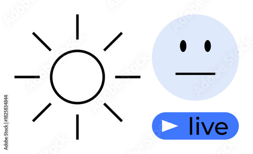 Sun with radiating rays, neutral face emotion, and live streaming button. Ideal for expression, communication, broadcasting, minimalism, social interaction, technology simple flat metaphor