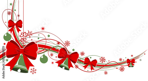 Festive Christmas corner decoration with red bows green bells snowflakes and elegant swirls on a clean white background.