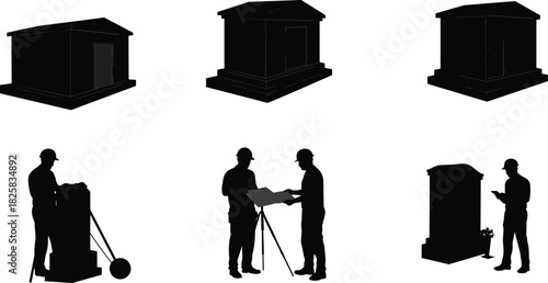 Silhouette of construction workers surveying site, measuring land, planning foundation for small building structure, engineering teamwork on construction project site