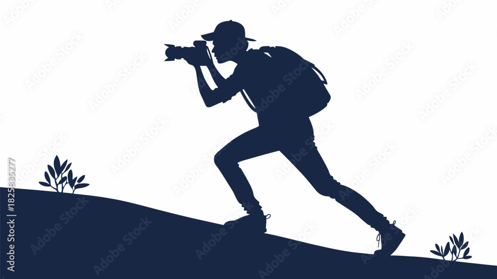 Fototapeta premium Adventurous photographer hiking, capturing nature's beauty in silhouette style