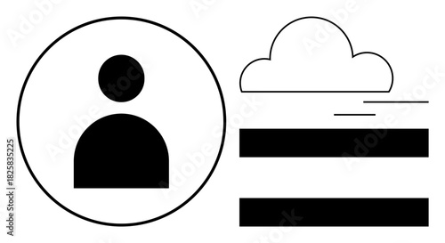 Circular user icon beside cloud and two horizontal bars. Ideal for user profiles, cloud storage, digital identity, networking, communication, interface design, universal, simple flat metaphor