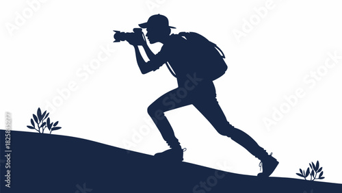 Adventurous photographer hiking, capturing nature's beauty in silhouette style