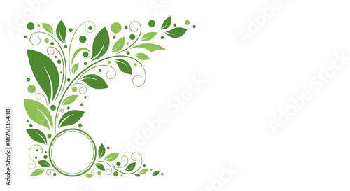 Green floral corner design with swirling vines leaves and a circular frame for text ideal for eco-friendly branding.