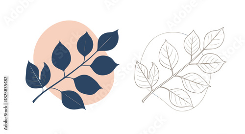 Minimalist illustration of a plant branch with dark blue leaves shown in both solid silhouette and clean outline styles.