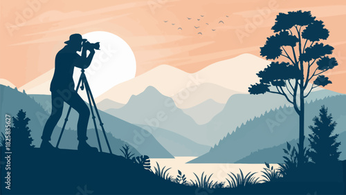 Photographer captures scenic mountain landscape at sunrise for travel blog