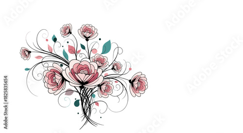 Elegant bouquet of stylized pink flowers with swirling stems and decorative leaves on a clean white background for cards.