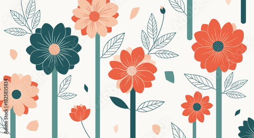 Seamless pattern of simple stylized flowers in muted colors on long stems creating a charming and modern floral background.