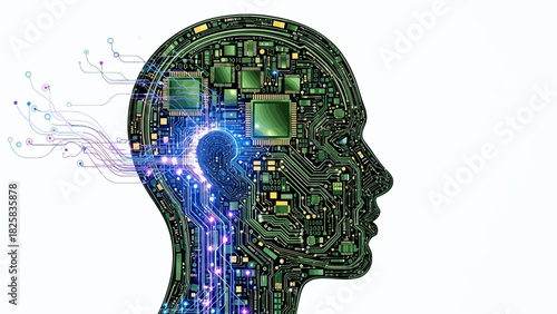 Futuristic AI brain design with circuit board details, perfect for technology presentations or science-themed projects needing a modern, digital feel