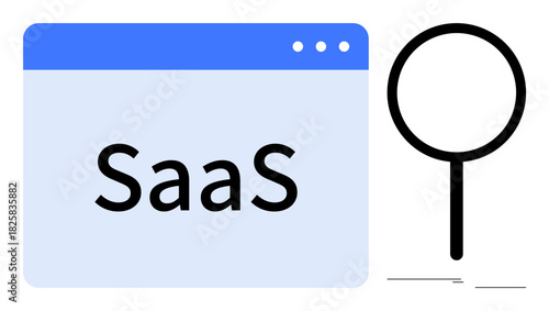 SaaS window with bold text and magnifying glass. Ideal for technology, software, innovation, analysis, cloud services, research, business solutions. Simple flat metaphor