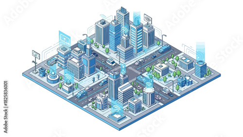 Visualize the future smart city with connected networks and autonomous vehicles, a modern urban landscape for future technology applications and innovative development