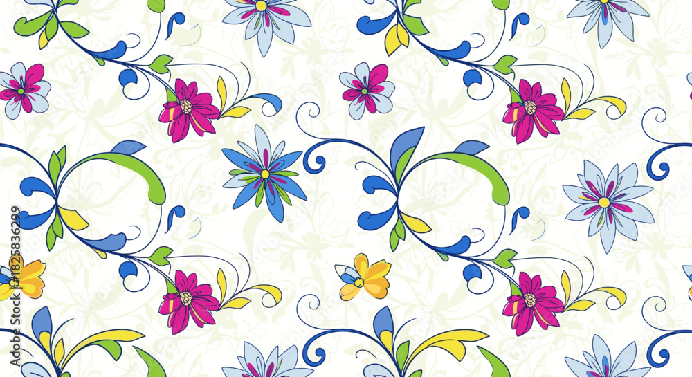 Fototapeta premium Seamless floral pattern with colorful stylized flowers and swirling green and blue vines on a light decorative background.