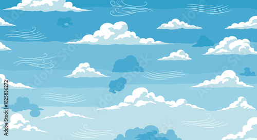 Seamless pattern of a beautiful blue sky with various cartoon clouds and wind gust illustrations for a weather background.