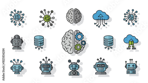 Modern technology icons showing AI, robotics, cloud computing, machine learning, and data storage concepts for innovative business applications