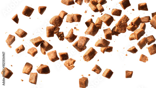 Small, brown, square-shaped kibbles are scattered across a black background