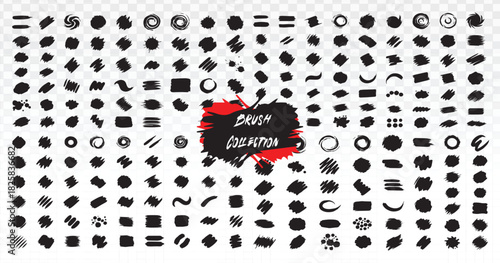 Massive collection of over 100 distressed black brush strokes, ink splashes, grunge shapes, and hand-drawn marks on a transparent background for texture overlays and artistic design.