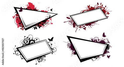 Set of four grunge-style frames in angular shapes with dark red and purple paint splatters swirls and butterflies.