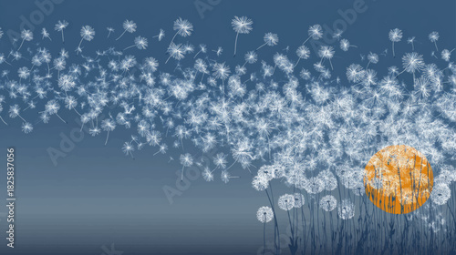 Serene moonlit dandelion seeds drifting across calm blue water, creating a tranquil vector background with abundant elegant copy-space.