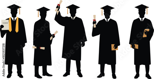 Silhouette of graduates wearing caps and gowns holding diplomas, celebrating graduation ceremony success, academic achievement and higher education completion moment