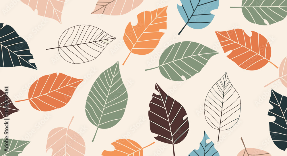 Obraz premium Seamless pattern of stylized autumn leaves in various colors and shapes creating a warm and modern fall season background.