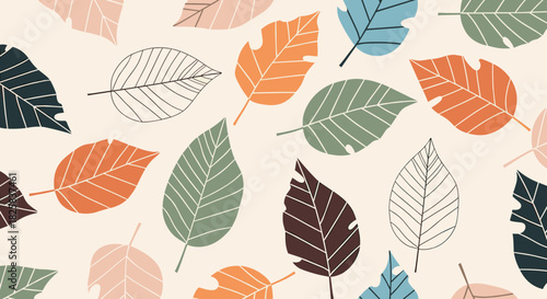 Seamless pattern of stylized autumn leaves in various colors and shapes creating a warm and modern fall season background.