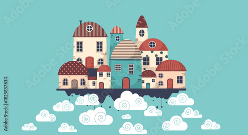 Whimsical cartoon illustration of a colorful village of charming houses floating on a fluffy cloud in a bright blue sky.