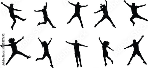 Silhouette of happy people jumping in various energetic poses, expressing freedom, joy, celebration, success, and active lifestyle concept illustration